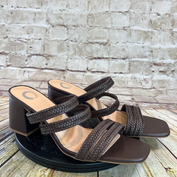 Journee Collection Braided Brown Strap Open Toe Slip On Block High Heels Size 10 - Picture 1 of 9